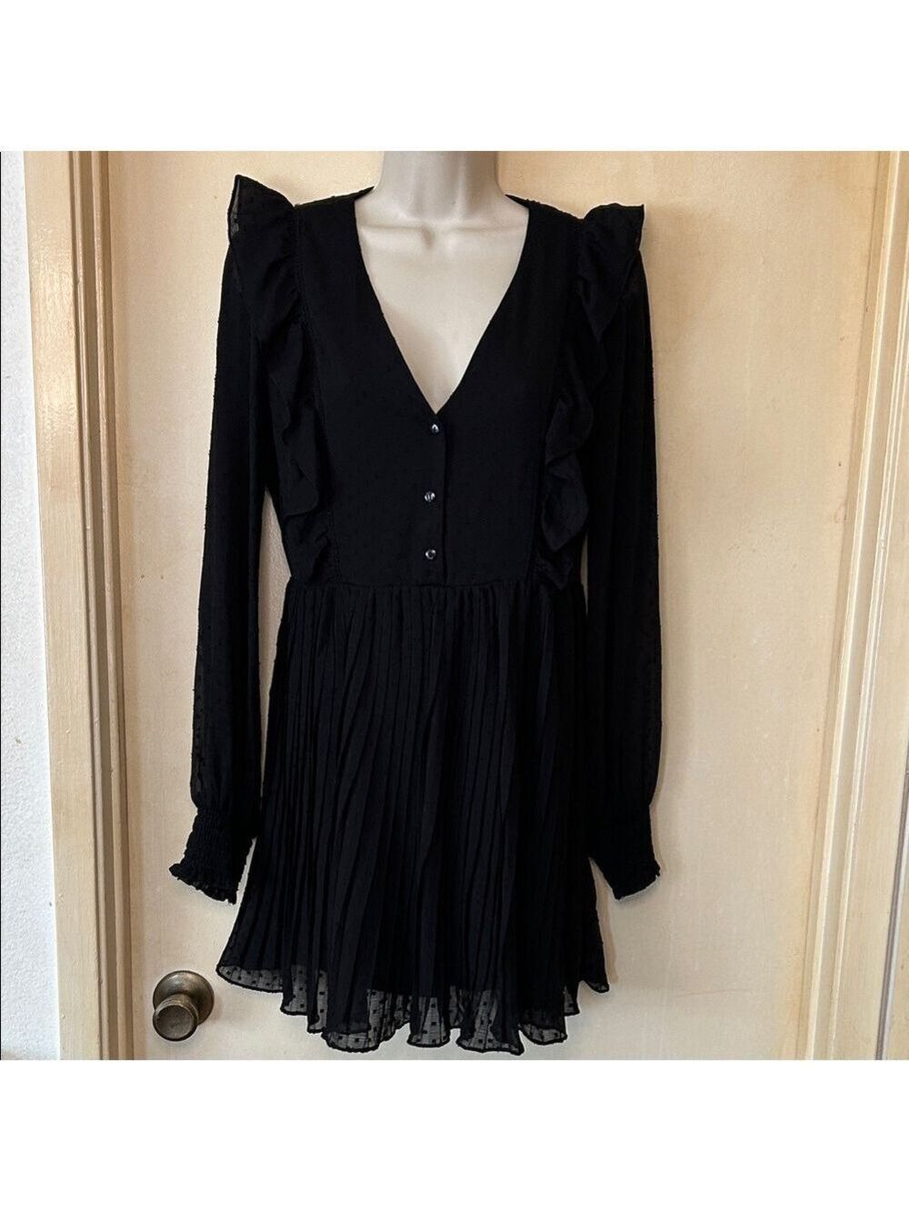 Zara Black Long Sleeve Ruffle Swiss Dot Dress size M